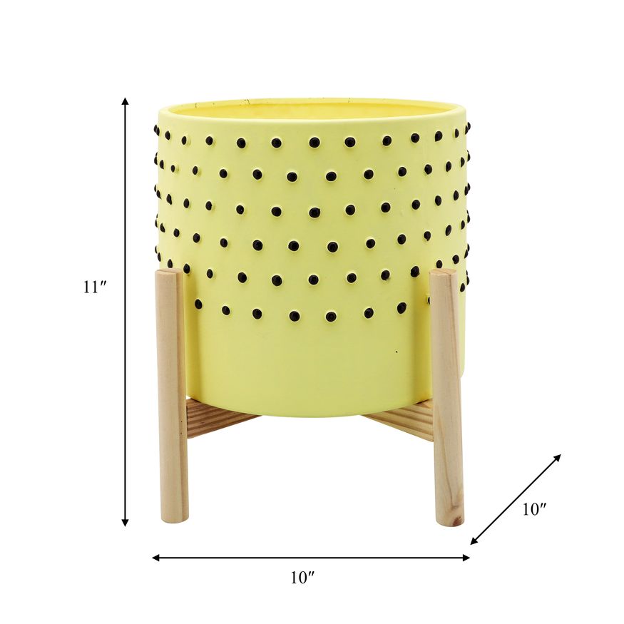 Sagebrook 10" Dotted Planter With Wood Stand - Yellow