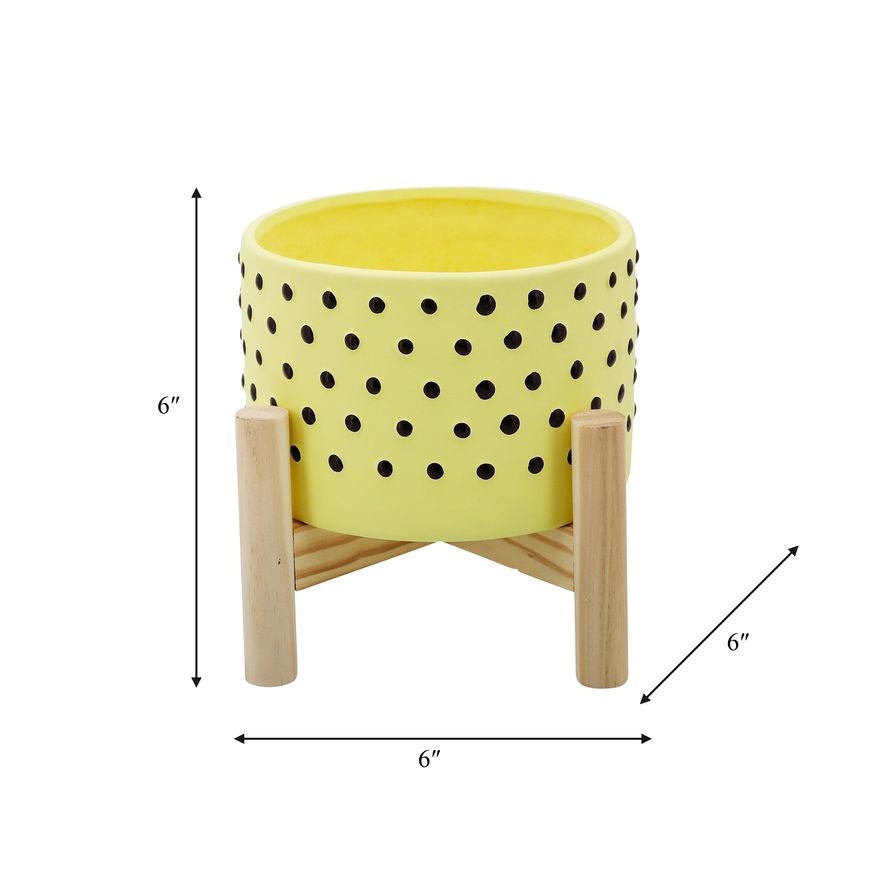 Sagebrook 6" Dotted Planter With Wood Stand - Yellow