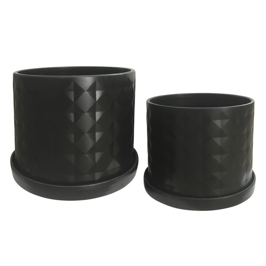 Sagebrook 10"/12" Diamond Planters With Saucer (Set Of 2) - Black