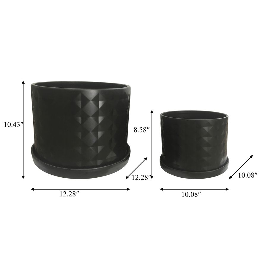 Sagebrook 10"/12" Diamond Planters With Saucer (Set Of 2) - Black