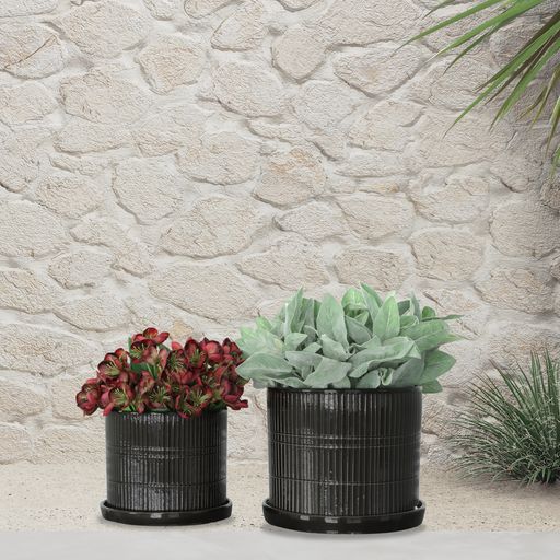 Sagebrook™ 10"/12" Textured Planters With Saucer (Set Of 2) - Black