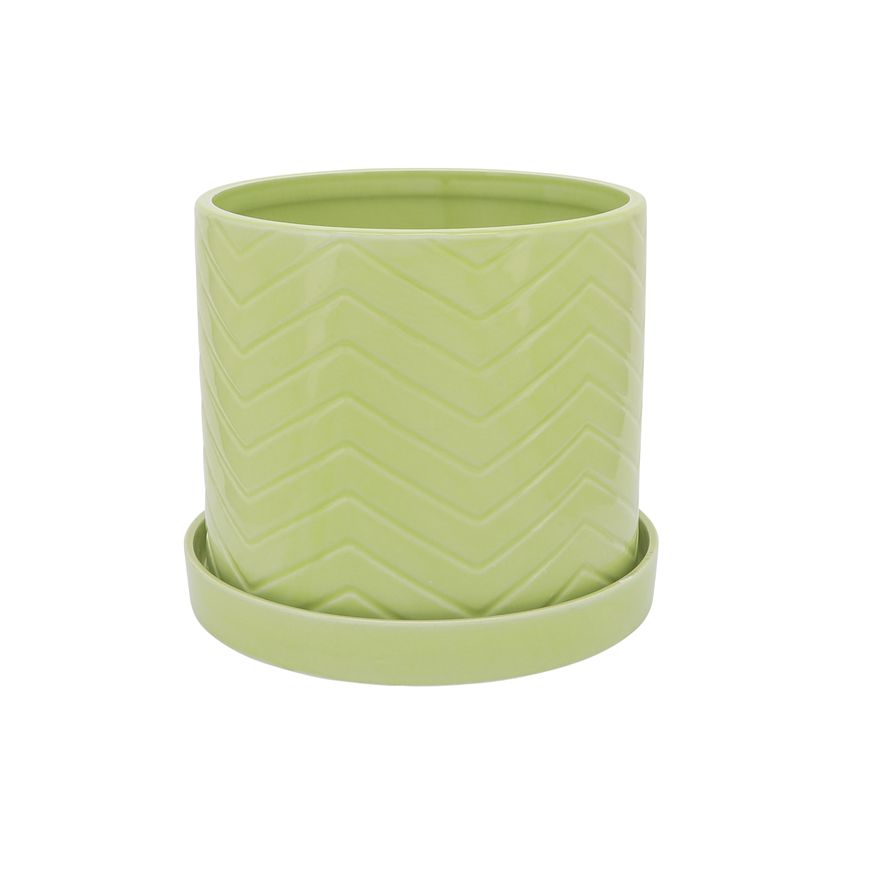 Sagebrook 10"/12" Chevron Planters With Saucer (Set Of 2) - Green