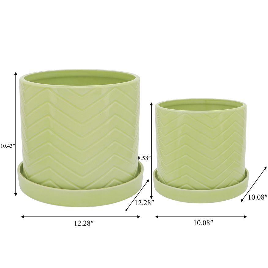 Sagebrook 10"/12" Chevron Planters With Saucer (Set Of 2) - Green