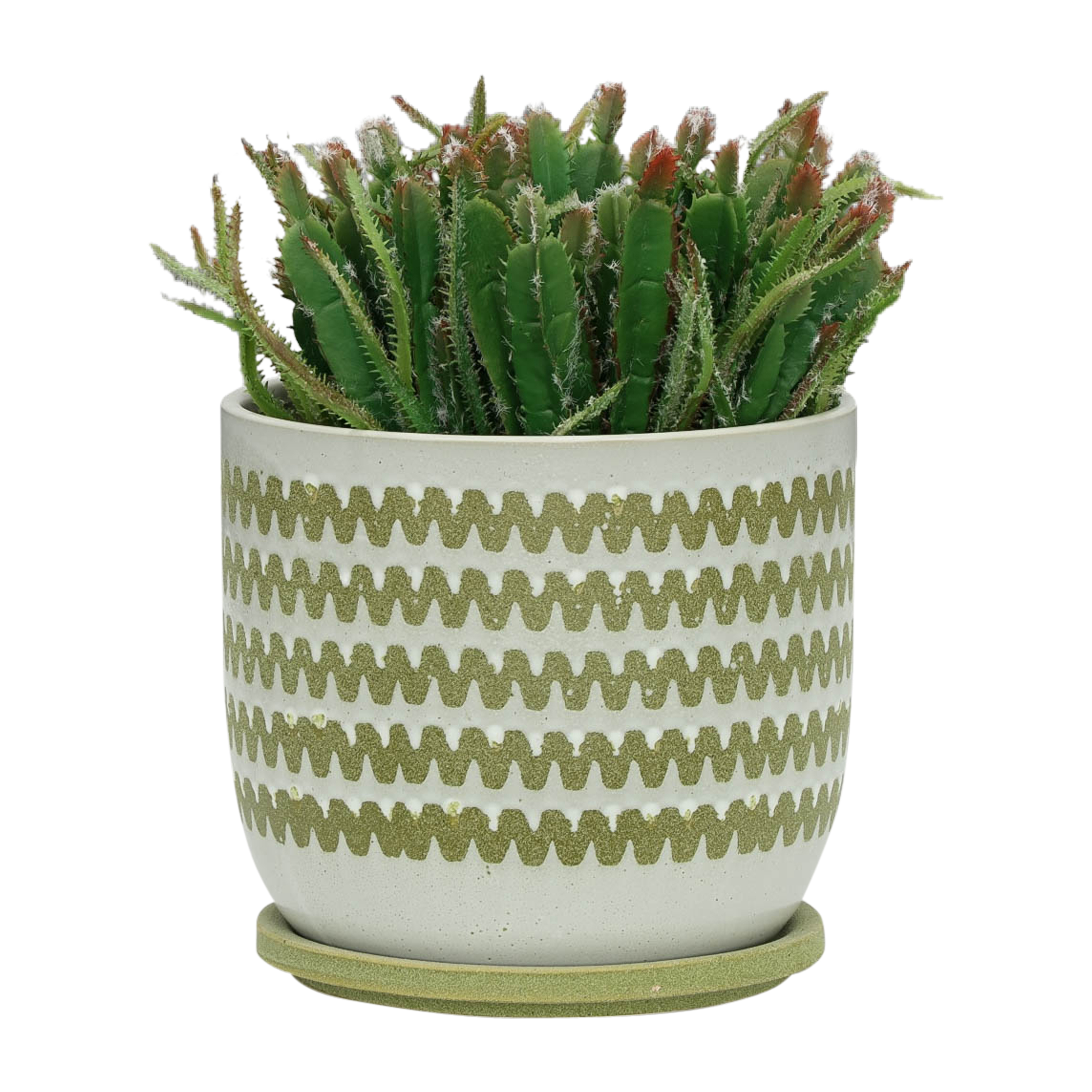 Sagebrook 8" Ceramic Zig-zag Planter with Saucer - Olive