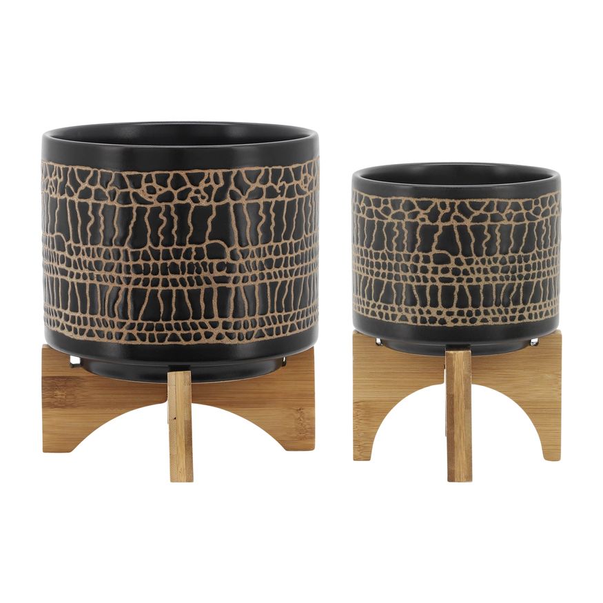 Sagebrook 5"/8" Glazed Planters With Stand (Set Of 2) - Black