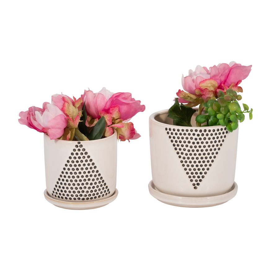 Sagebrook 5"/6" Triangle Dots Planters With Saucer (Set Of 2) - White