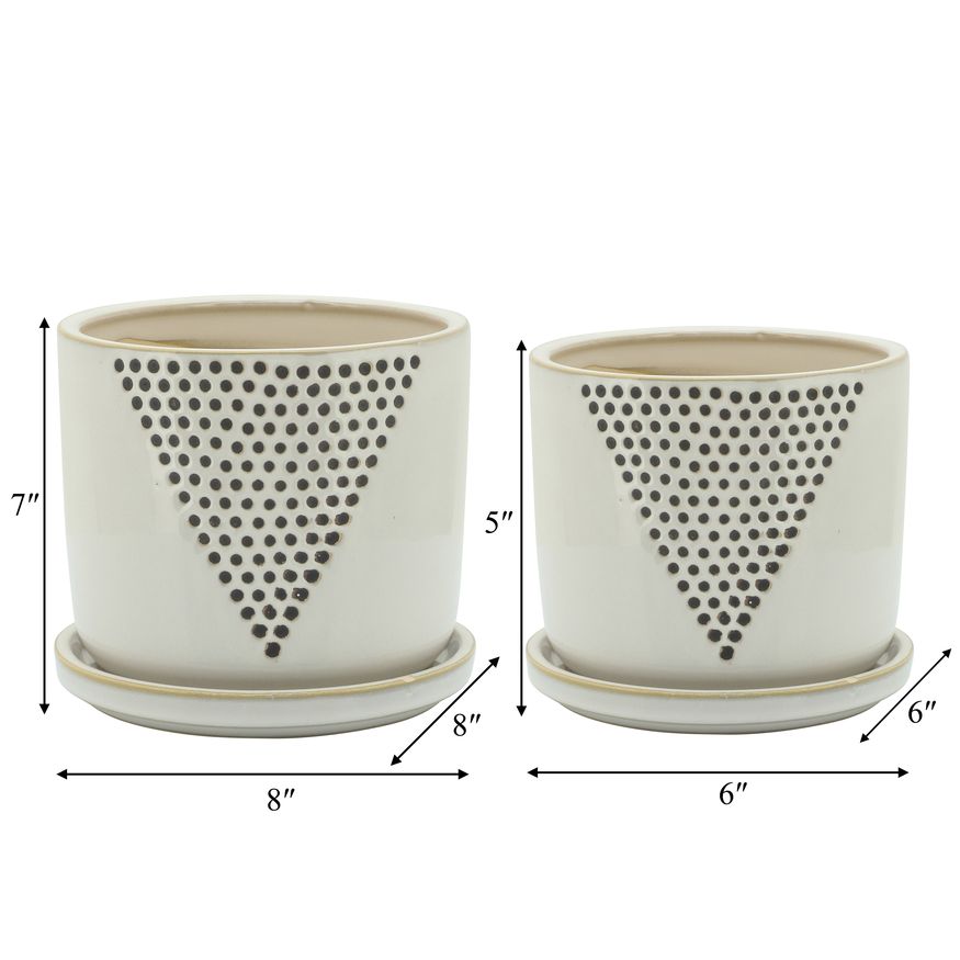 Sagebrook 5"/6" Triangle Dots Planters With Saucer (Set Of 2) - White