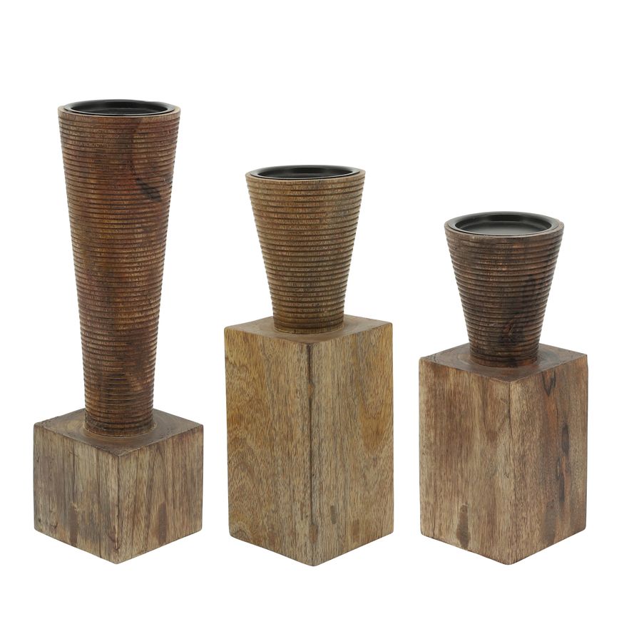 Sagebrook 13" Wood Geometric Candle Holder - Brown