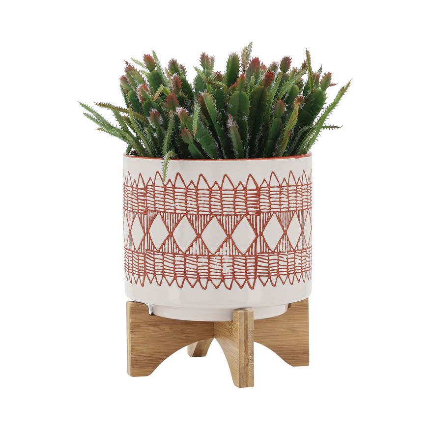 Sagebrook 8" Aztec Ceramic Planter On Wooden Stand - Orange