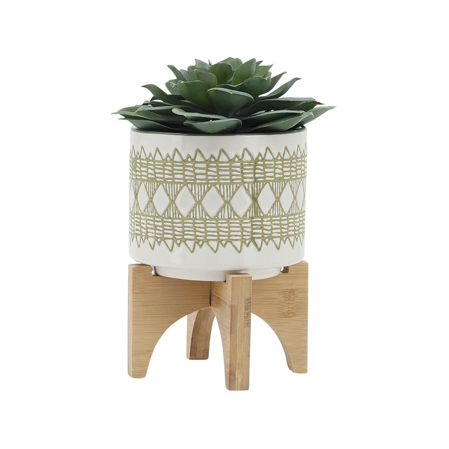 Sagebrook 5" Aztec Ceramic Planter On Wooden Stand - Olive