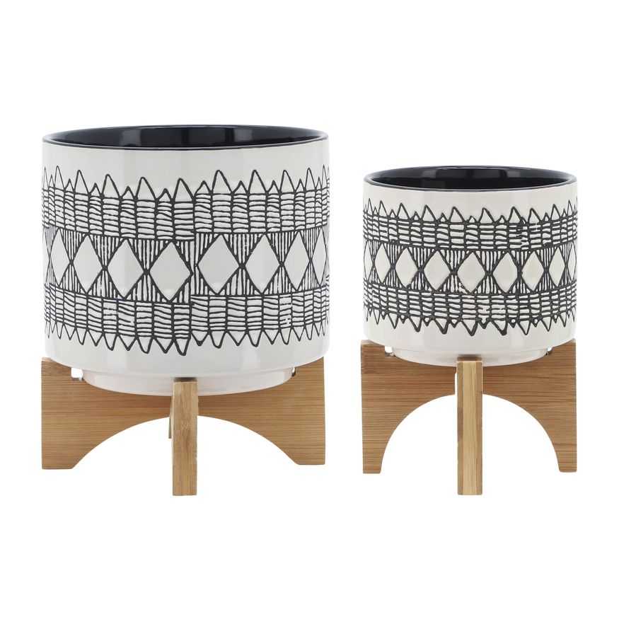 Sagebrook 5"/8" Aztec Ceramic Planters On Wooden Stand (Set Of 2) - Gray