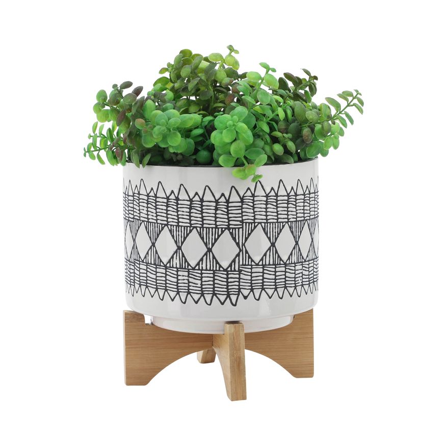 Sagebrook 5"/8" Aztec Ceramic Planters On Wooden Stand (Set Of 2) - Gray