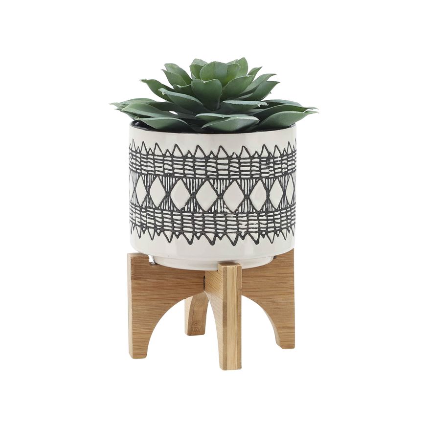 Sagebrook 5"/8" Aztec Ceramic Planters On Wooden Stand (Set Of 2) - Gray