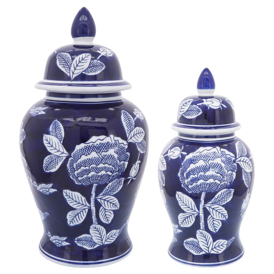 Sagebrook - 18" Ceramic Flower Temple Jar in White/Blue