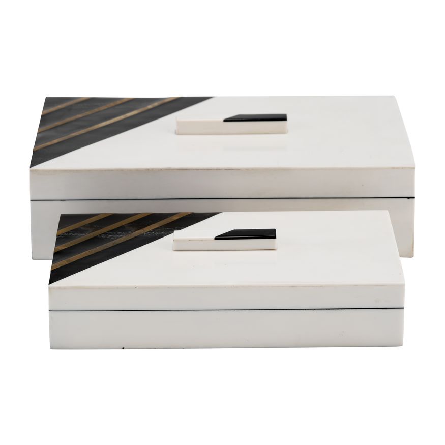 Sagebrook - 10"/12" Resin Striped Boxes With Knob (Set Of 2) in Black/White