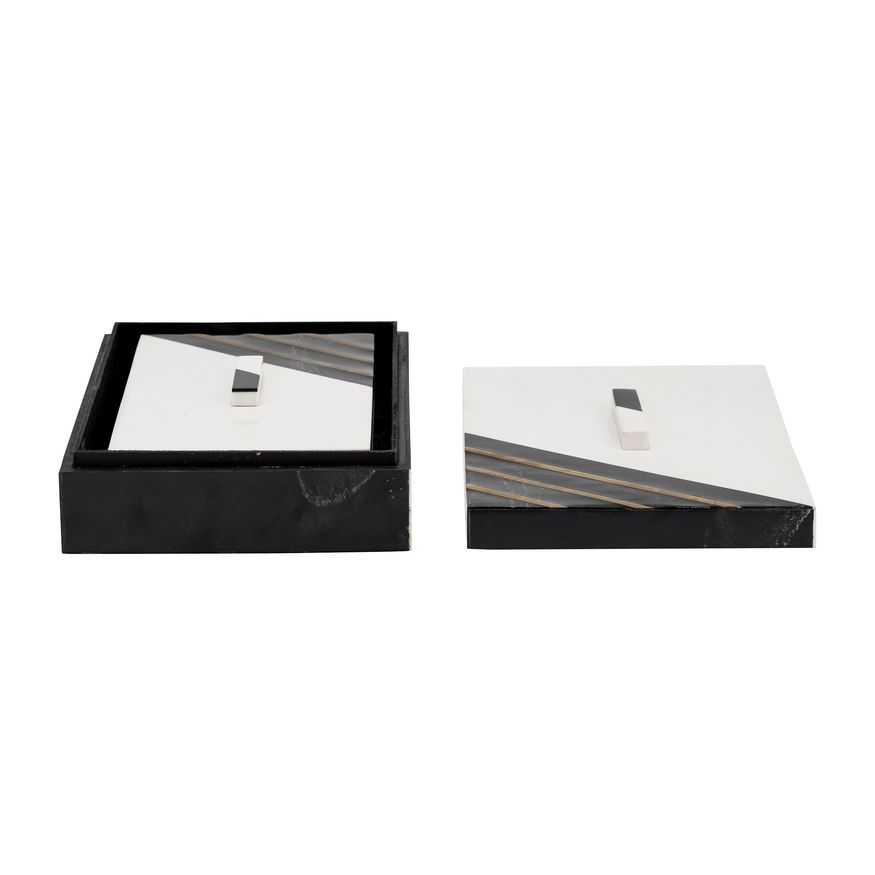 Sagebrook - 10"/12" Resin Striped Boxes With Knob (Set Of 2) in Black/White