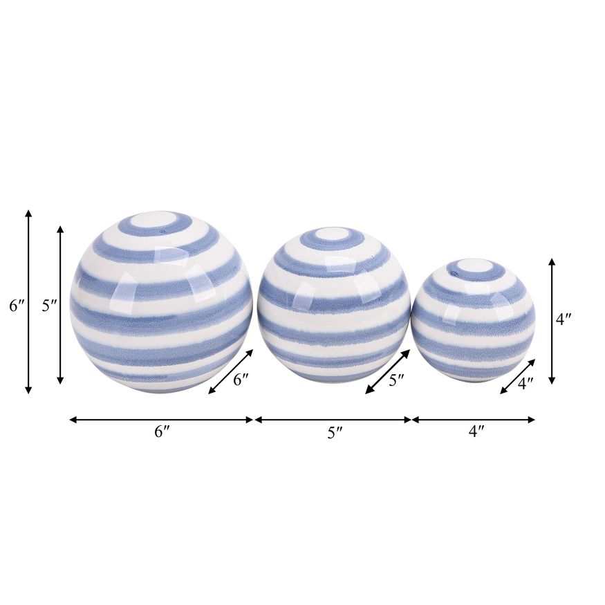 Sagebrook - 4"/5"/6" Ceramic Striped Orbs (Set Of 3) in Blue