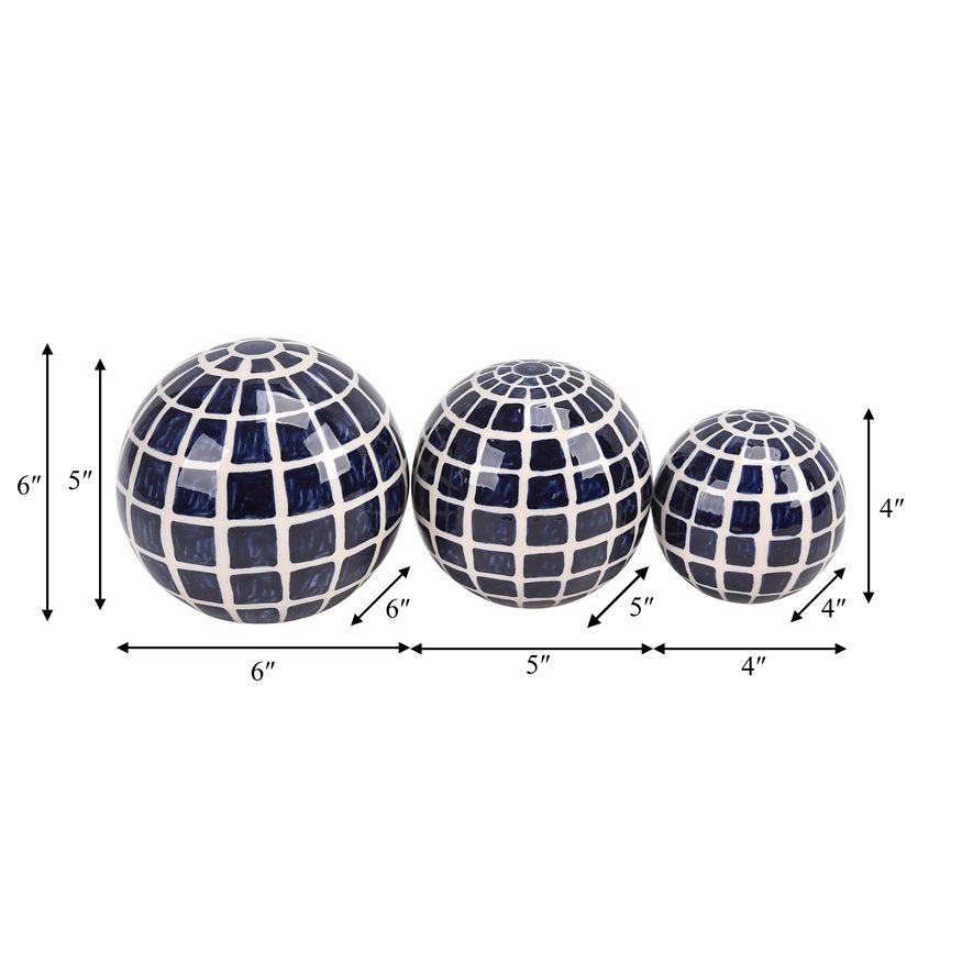 Sagebrook - 4"/5"/6" Ceramic Checkered Orbs (Set Of 3) in Blue