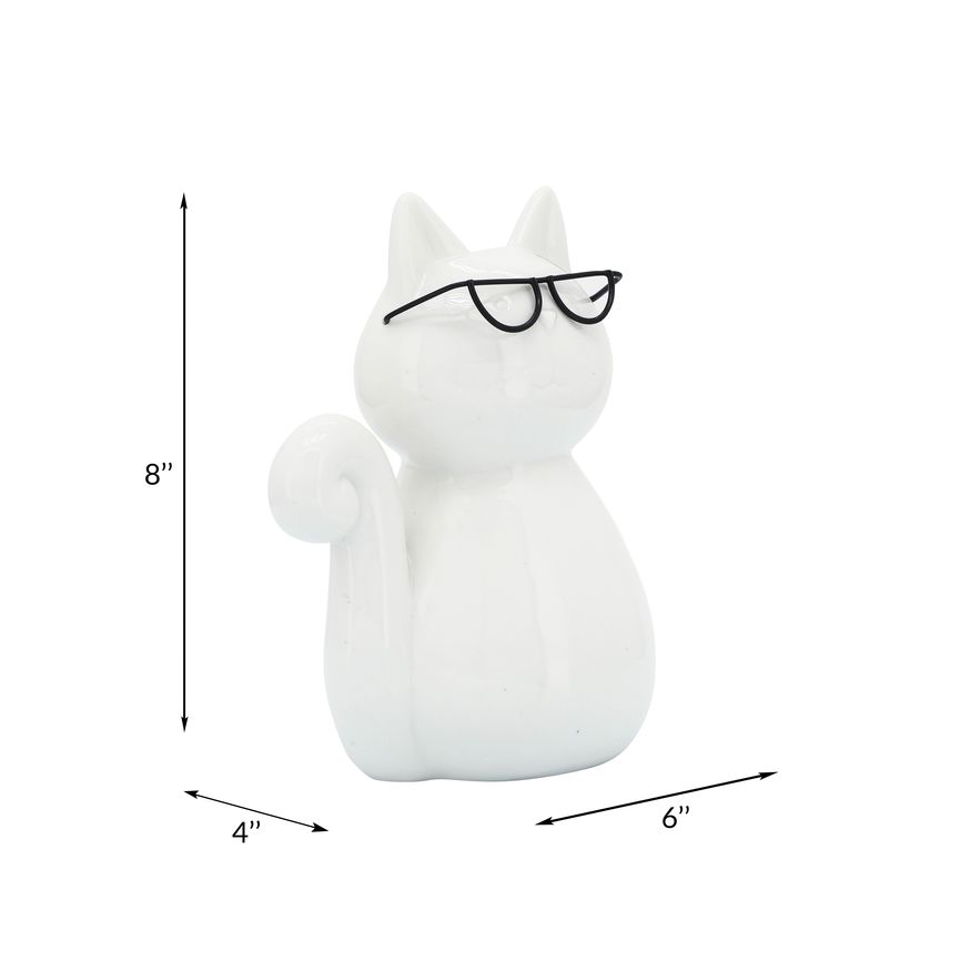 Sagebrook 8" Porcelain Cat With Glasses - White