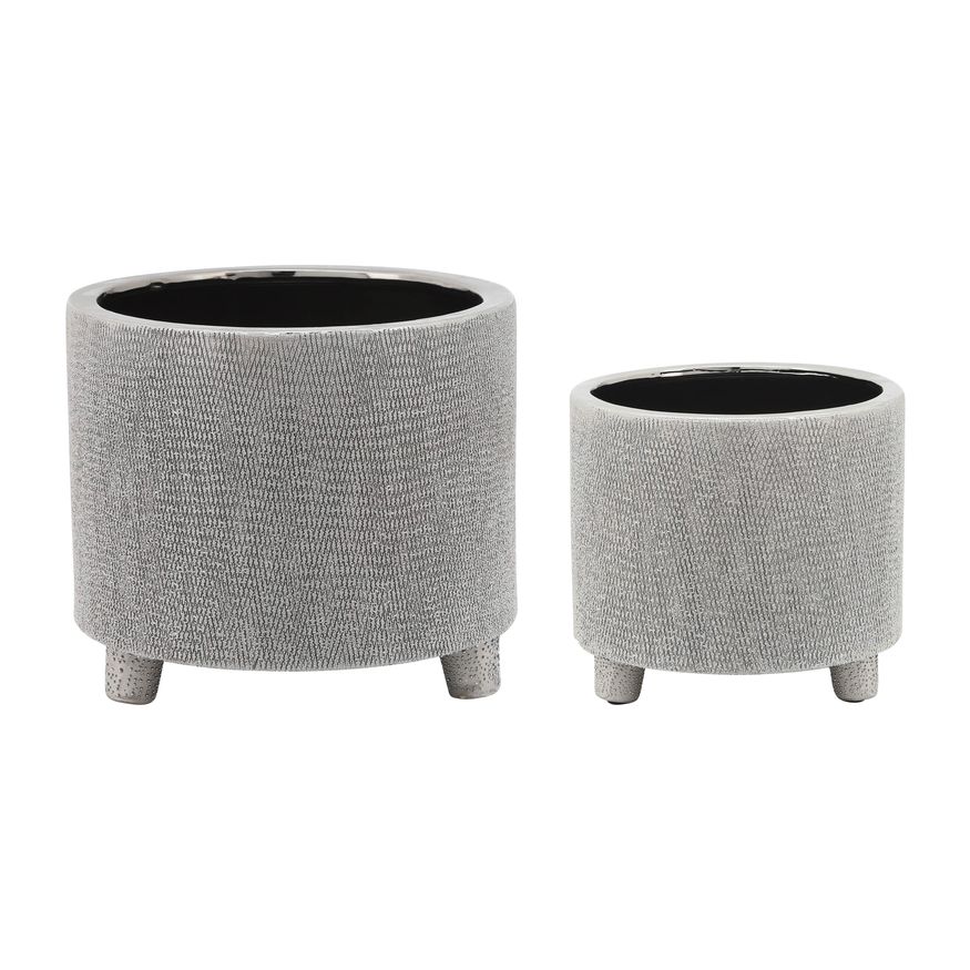 Sagebrook 6"/8" Footed Scratched Ceramic Planters (Set Of 2)