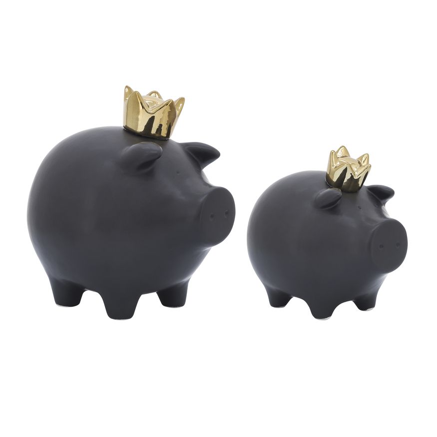 Sagebrook 6" Ceramic Pig With Crown - Black