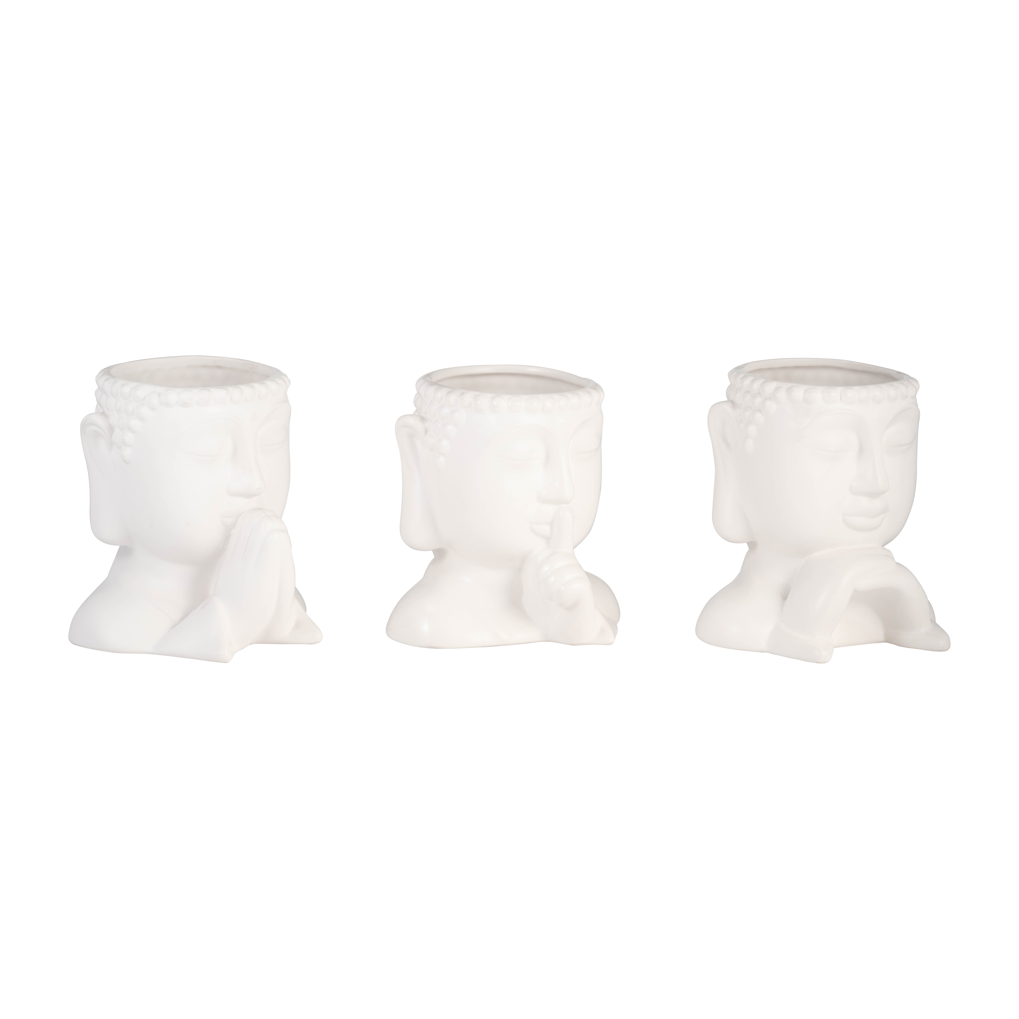 Sagebrook - 7" Ceramic Buddha Head Planters (Set Of 3) in White