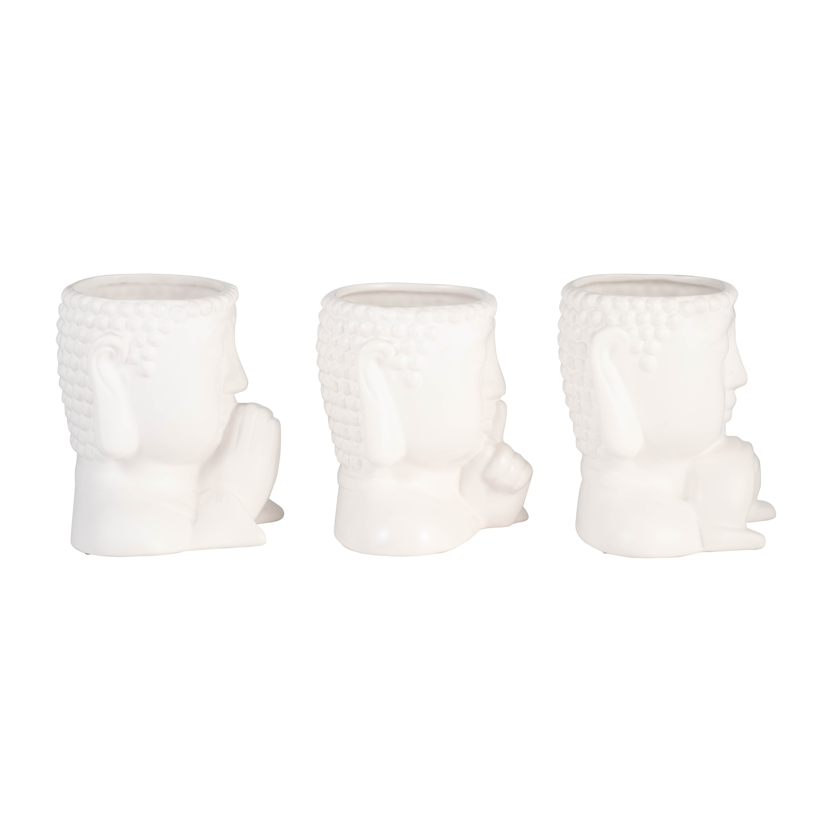 Sagebrook - 7" Ceramic Buddha Head Planters (Set Of 3) in White