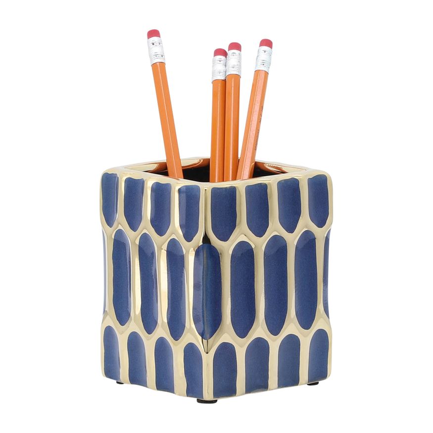 Sagebrook 4" Ceramic Pen Holder - Blue/Gold