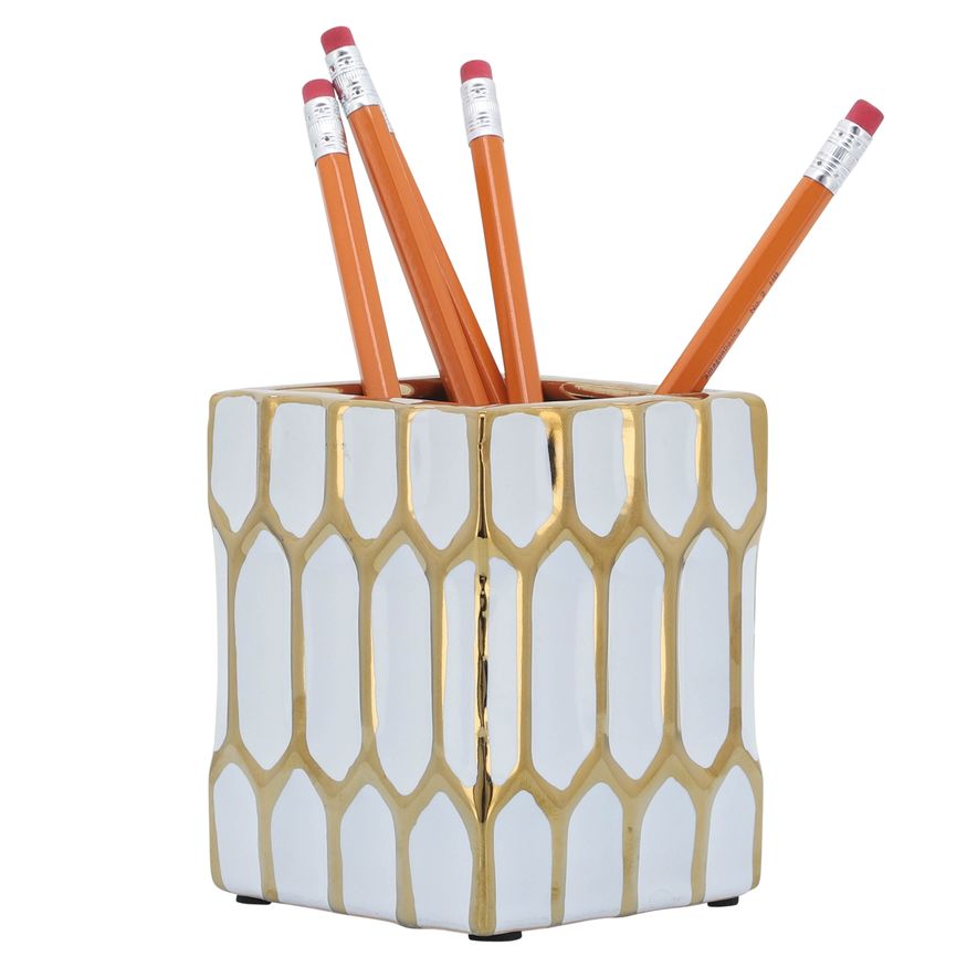 Sagebrook 4" Ceramic Pen Holder - White/Gold