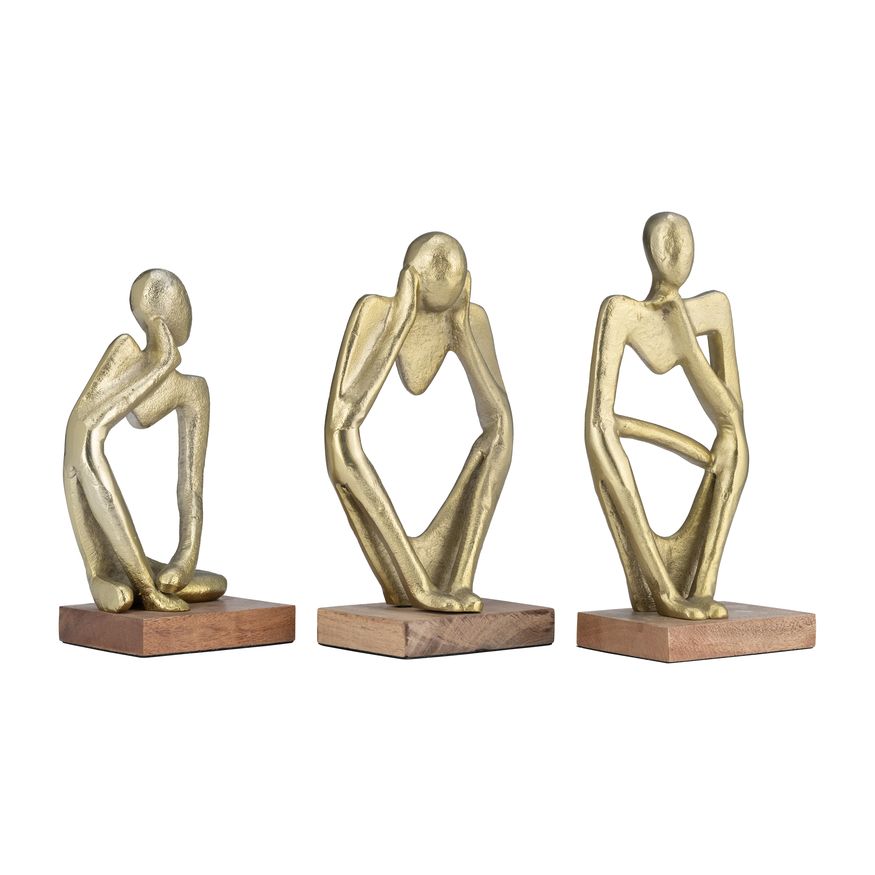 Sagebrook - 9" Metal/Wood Deep Thoughts (Set Of 3) in Gold