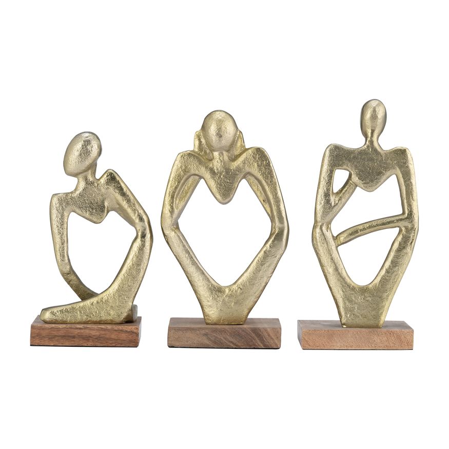 Sagebrook - 9" Metal/Wood Deep Thoughts (Set Of 3) in Gold