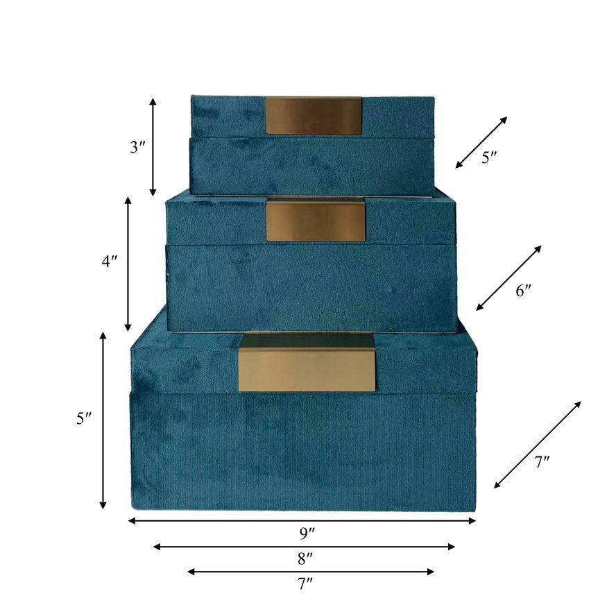 Sagebrook - 7"/8"/9" Velvet Jewelry Boxes (Set Of 3) in Teal/Gold