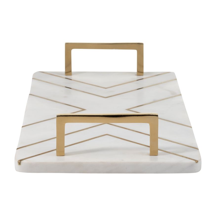 Sagebrook 2" Marble Tray With Handles - White/Gold