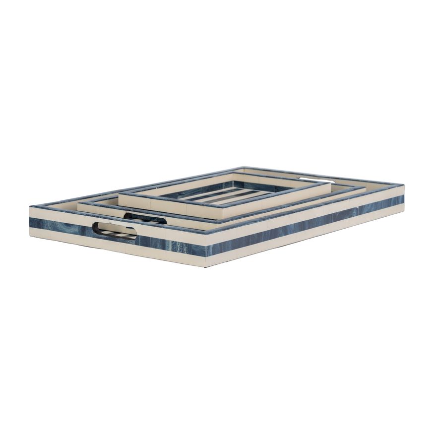 Sagebrook 13"/18"/24" Resin Striped Trays (Set Of 3) - Blue/White