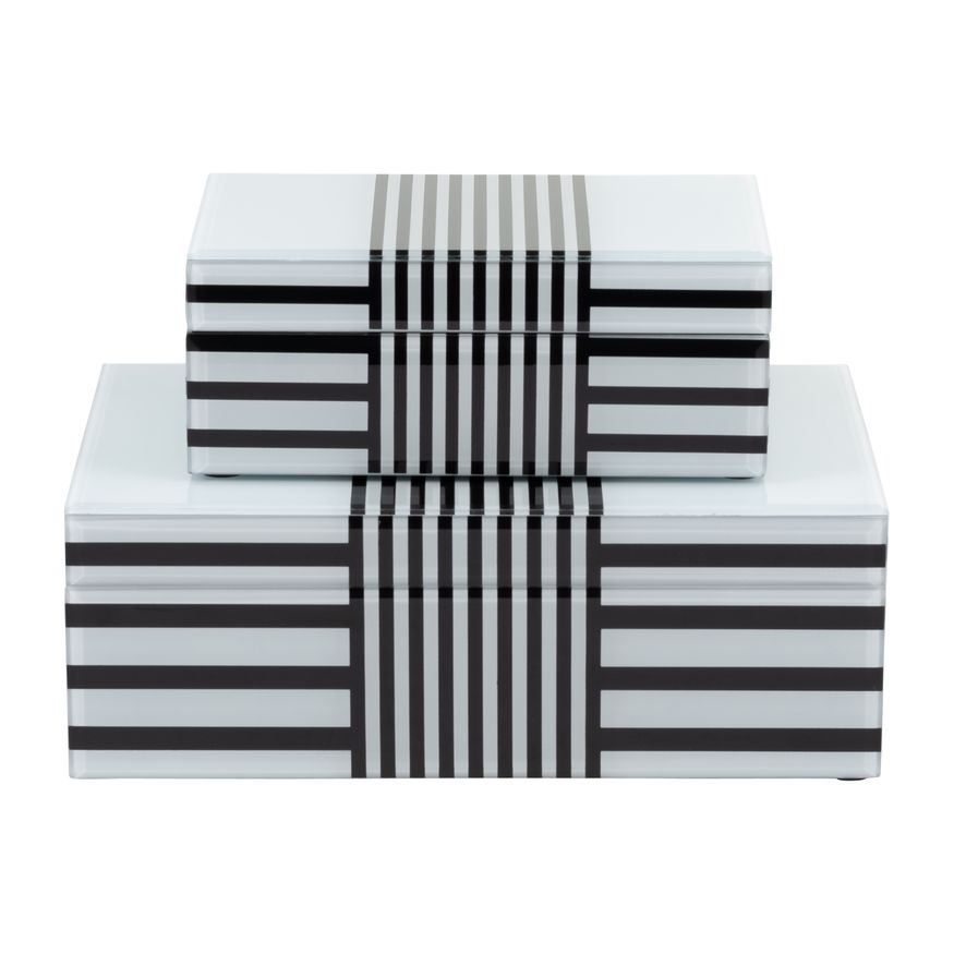 Sagebrook 8"/11" Wood Striped Boxes (Set Of 2) - Black/White