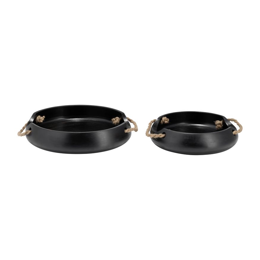 Sagebrook 12"/15" Wood Round Trays With Rope Handles (Set Of 2) - Black