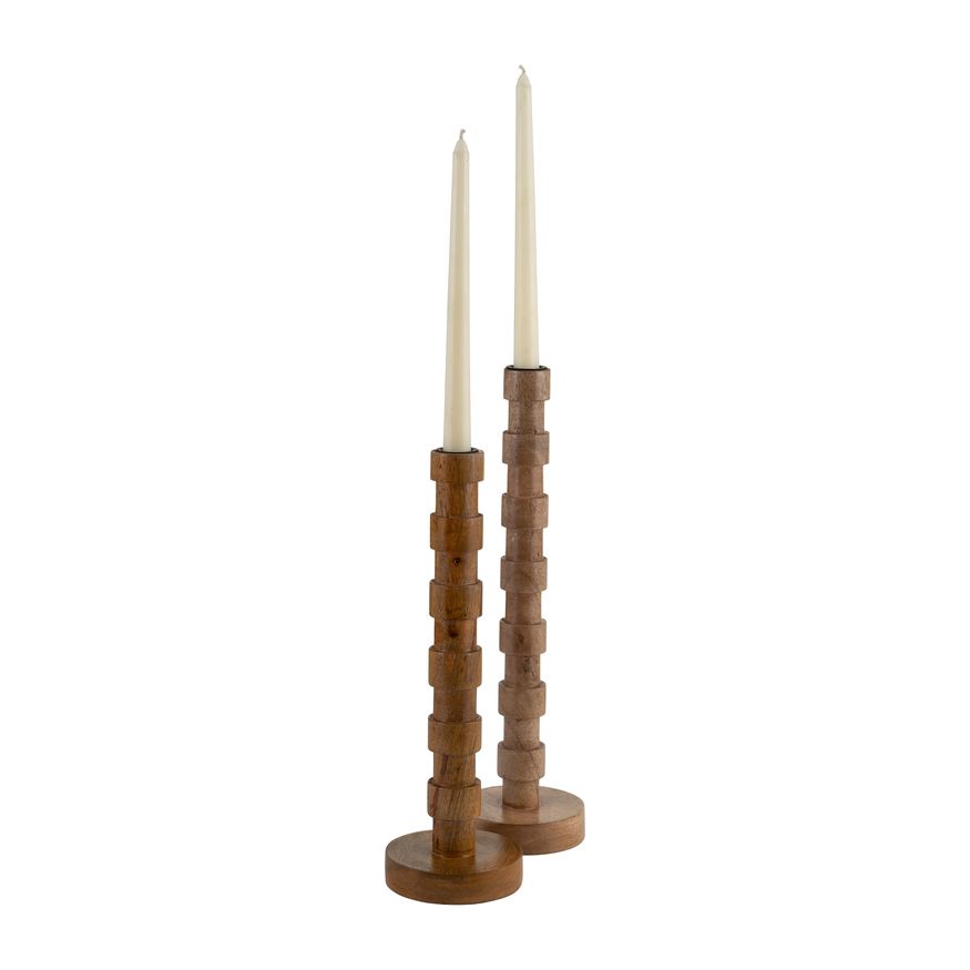 Sagebrook 15" Wood Textured Taper Candle Holder - Brown