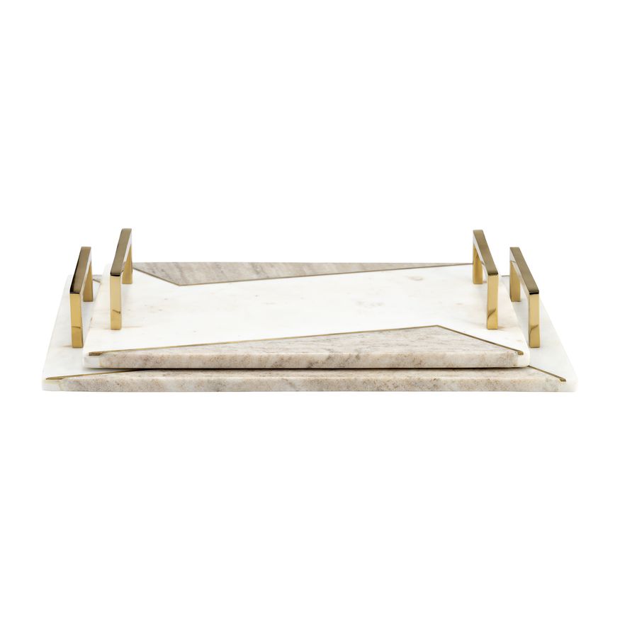 Sagebrook - 15"/18" Marble 2-tone Trays With Handle (Set Of 2) in White