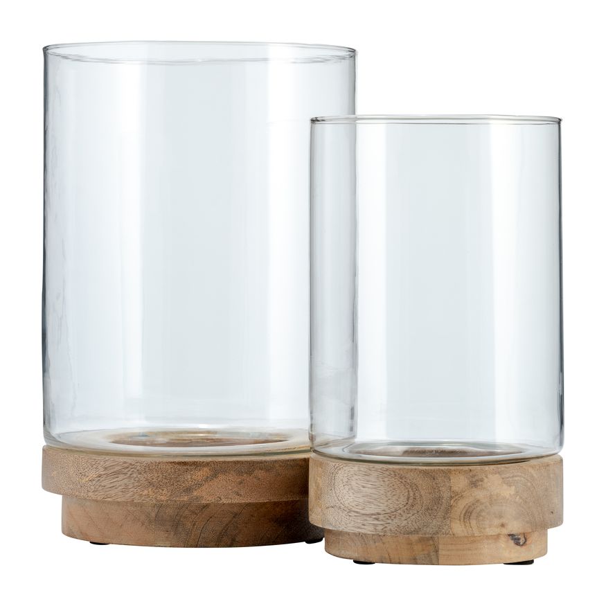 Sagebrook 9"/11" Hurricane Candle Holders On Wood Base (Set Of 2)