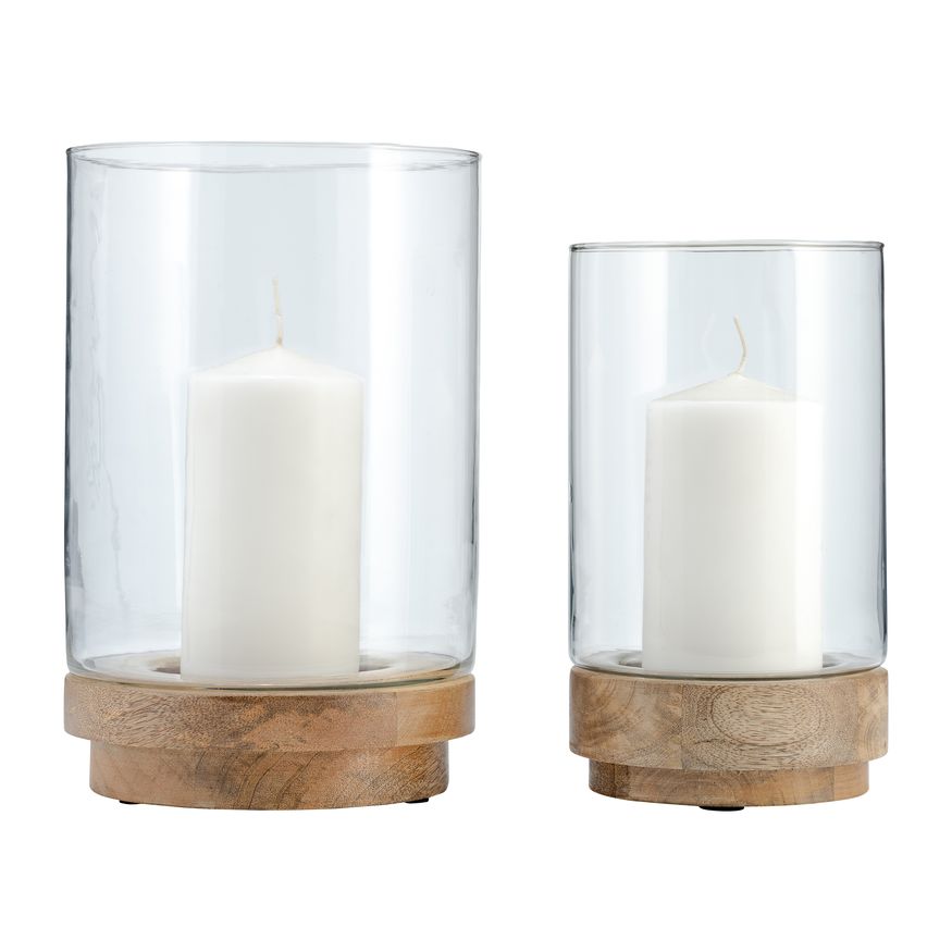 Sagebrook 9"/11" Hurricane Candle Holders On Wood Base (Set Of 2) - Natural