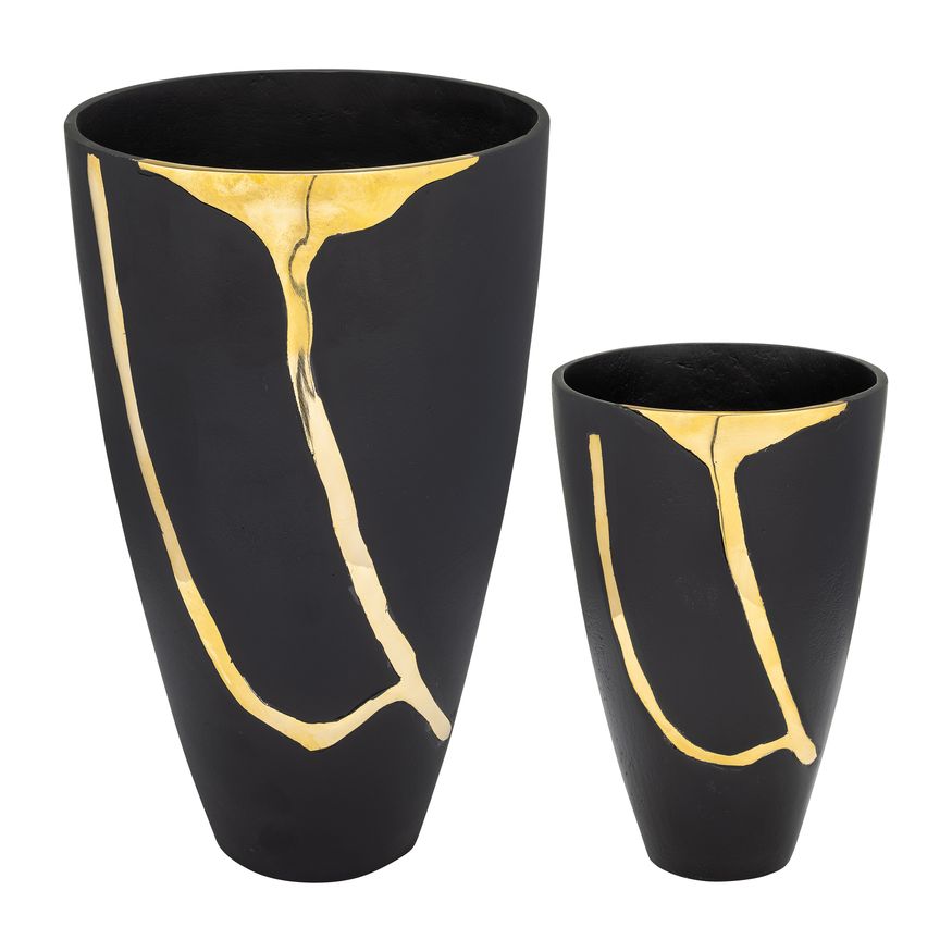 Sagebrook - 9"/14" Metal Cracked Design Vases (Set Of 2) in Brass/Champagne