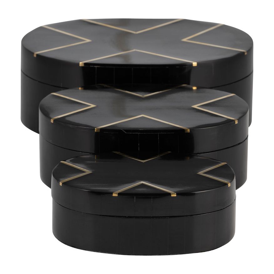 Sagebrook - 6"/7"/9" Resin Brass Inlay Oval Boxes (Set Of 3) in Black/White