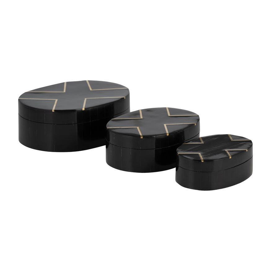 Sagebrook - 6"/7"/9" Resin Brass Inlay Oval Boxes (Set Of 3) in Black/White