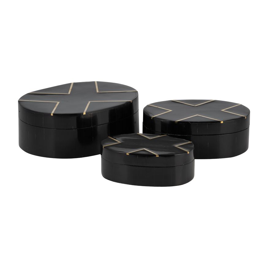 Sagebrook - 6"/7"/9" Resin Brass Inlay Oval Boxes (Set Of 3) in Black/White