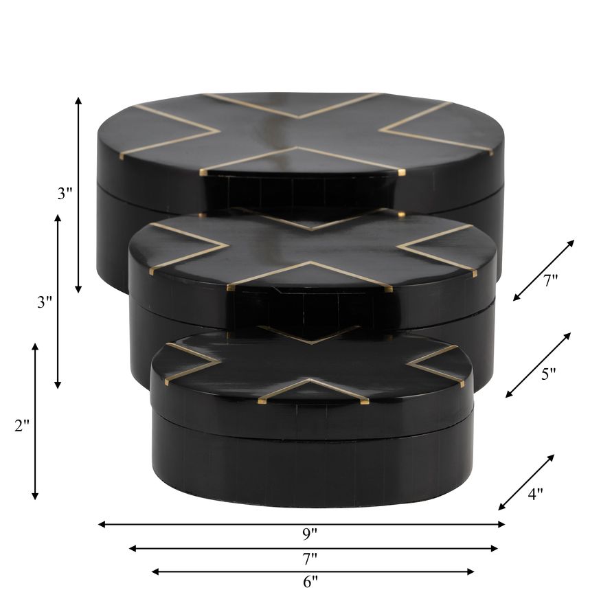 Sagebrook - 6"/7"/9" Resin Brass Inlay Oval Boxes (Set Of 3) in Black/White