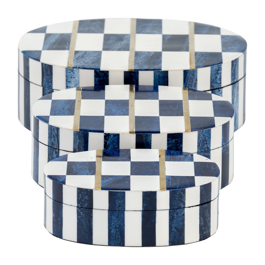 Sagebrook - 6"/7"/9" Resin Checkered Pattern Oval Boxes (Set Of 3) in White/Blue