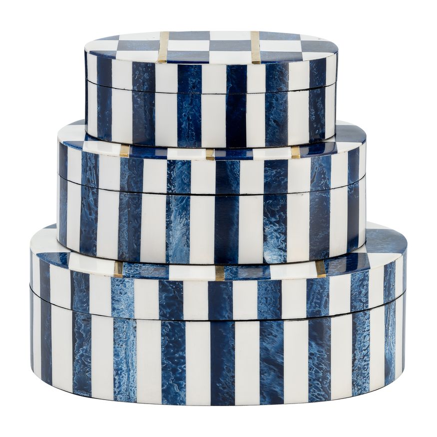 Sagebrook - 6"/7"/9" Resin Checkered Pattern Oval Boxes (Set Of 3) in White/Blue