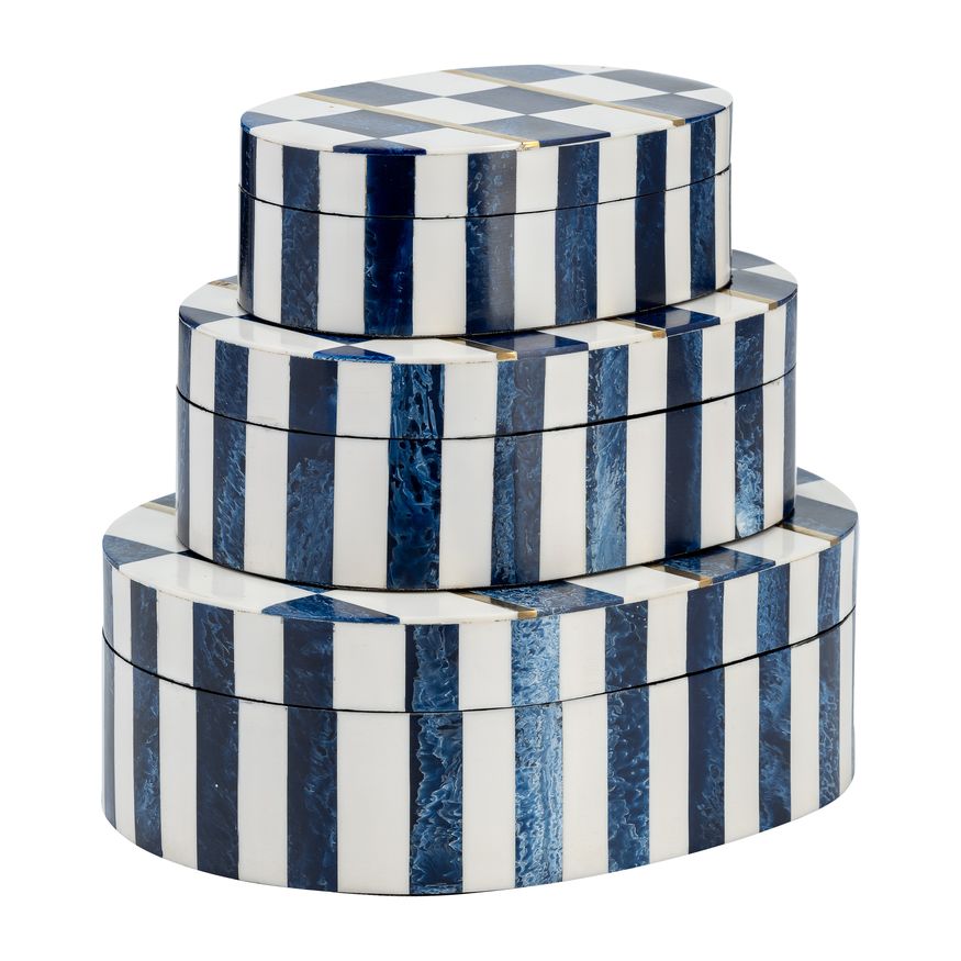 Sagebrook - 6"/7"/9" Resin Checkered Pattern Oval Boxes (Set Of 3) in White/Blue