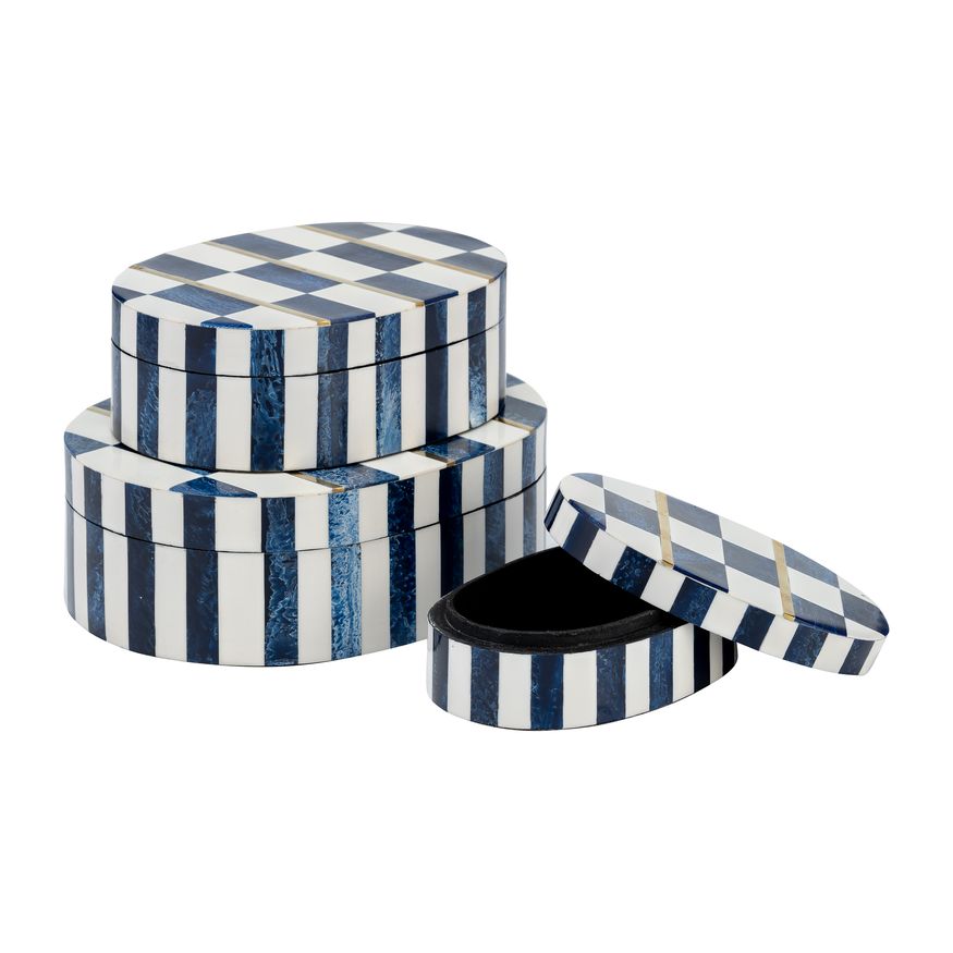 Sagebrook - 6"/7"/9" Resin Checkered Pattern Oval Boxes (Set Of 3) in White/Blue