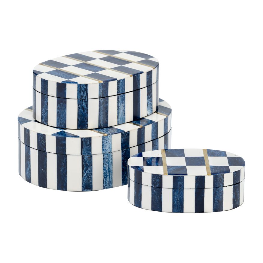 Sagebrook - 6"/7"/9" Resin Checkered Pattern Oval Boxes (Set Of 3) in White/Blue